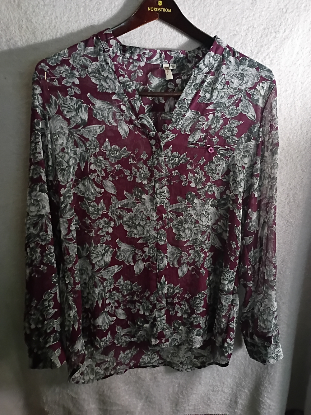 Kut from the Kloth Burgundy Floral Long Sleeve V-Neck Top Sheer